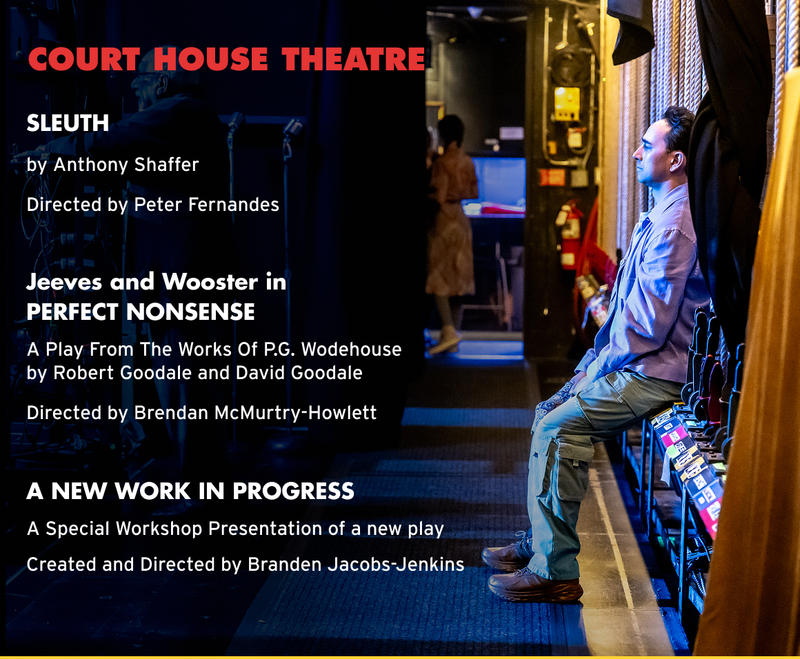 COURT HOUSE THEATRE .. SLEUTH by Anthony Shaffer Directed by Peter Fernandes Jeeves and Wooster in PERFECT NONSENSE A Play From The Works Of P.G. Wodehouse by Robert Goodale and David Goodale Directed by Brendan McMurtry-Howlett A NEW WORK IN PROGRESS A Special Workshop Presentation of a new play Created and Directed by Branden Jacobs-Jenkins